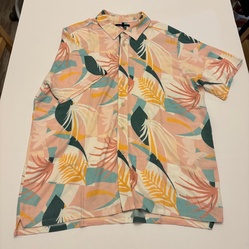 Shore Mens XL Tropical Hawaiian Shirt Rayon Made USA Pink Palm Resort Aloha